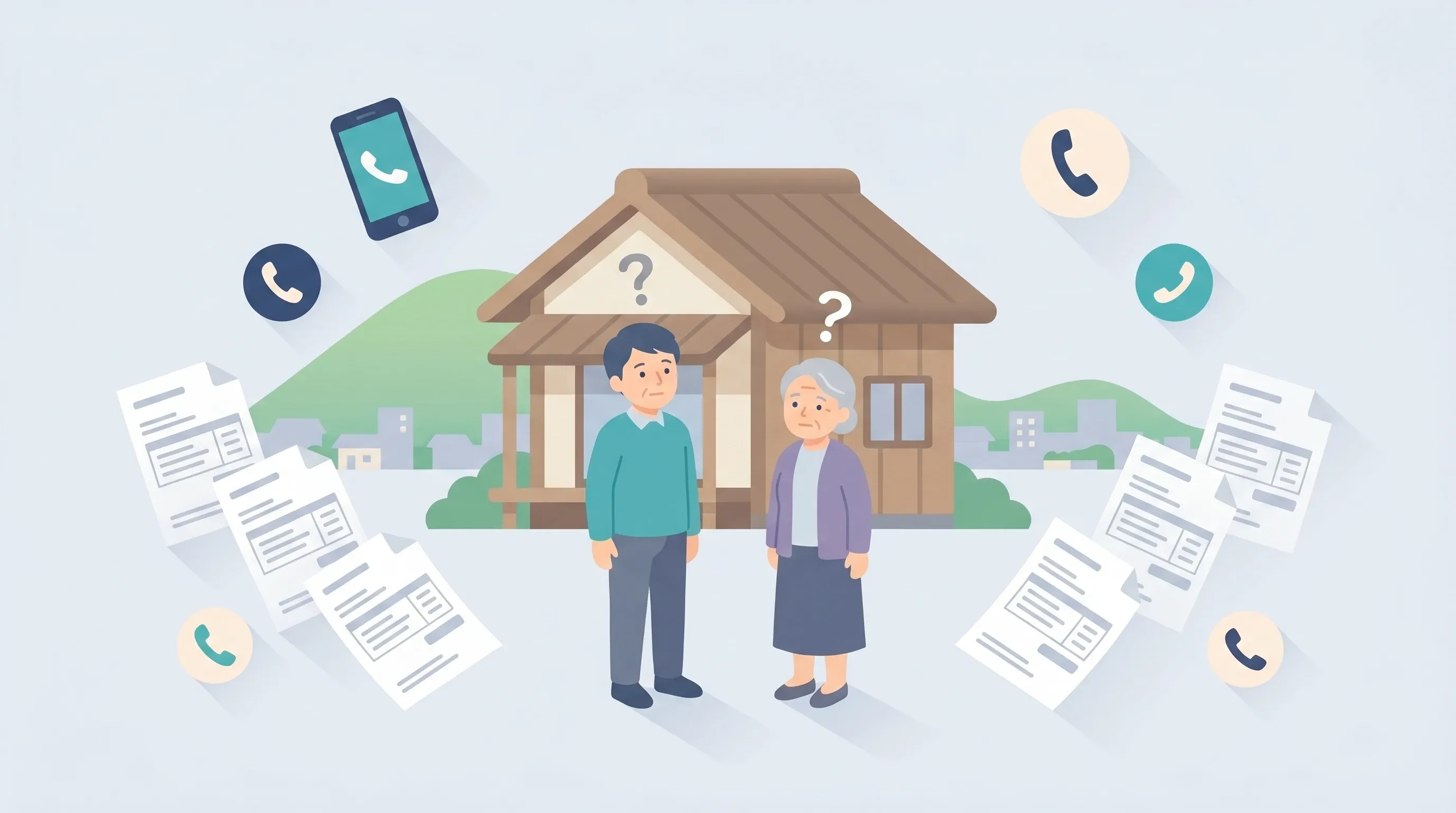 複数の見積もりや電話で悩む施主のイラスト