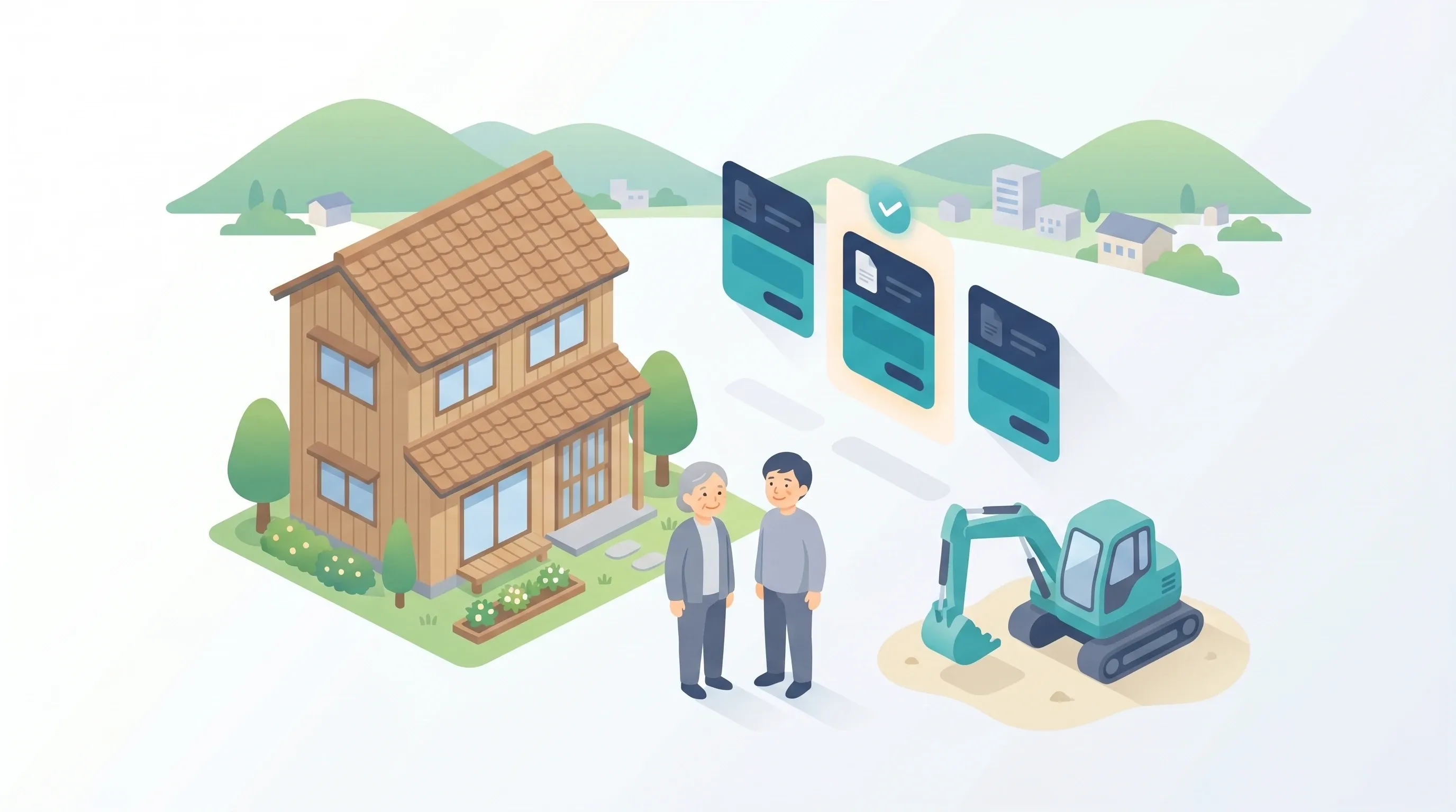 大分の家族と、やさしい解体重機、複数社の見積もりカードのイラスト